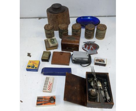 A mixed lot to include silver plated flatware, a vintage walnut moneybox with key, a blue glass soap dish, a Minolta-16 minia