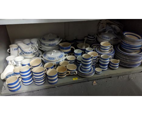 A collection of TG Green Cornish Ware tea and coffee cups, plates, bowls, jugs, and a pestle and mortar, various ages and bac