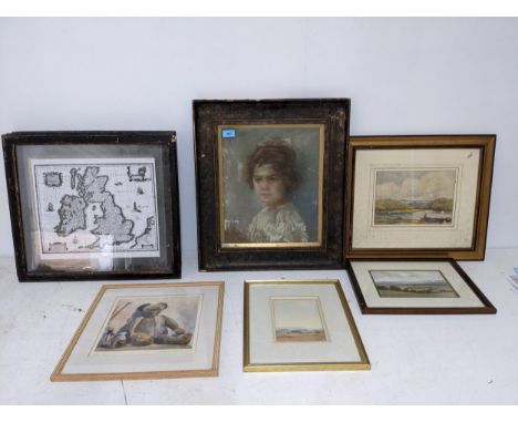 A mixed lot of framed and glazed watercolours, prints and a pastel portrait to include Kenneth Lauder - Fading Light, Herefor
