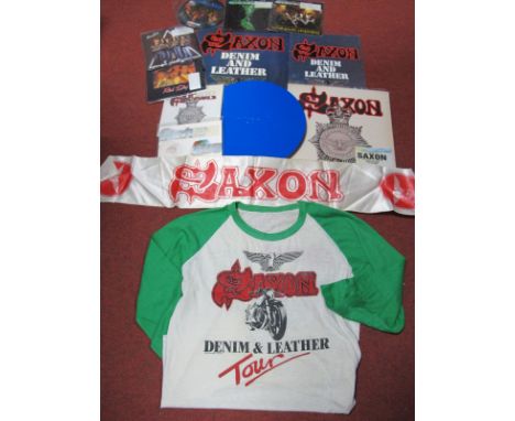 Status Quo and Saxon Items and LPs, included is Status Quo - From the Makers Of (PRO BX1) numbered round tin, and six 7" sing