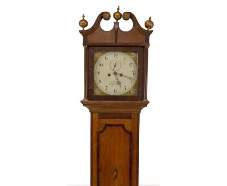 An early 19thC oak and mahogany crossbanded longcase clock, with swan neck pillared hood with ball and spike finales, shaped 