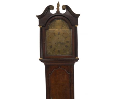 An early 19thC oak and mahogany crossbanded longcase clock, with swan neck pillared hood, moulded and shaped trunk door, plai