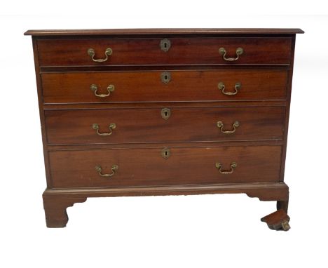 A George III mahogany chest, of four graduated drawers, with brass swan neck handles, cast escutcheons, and bracket feet, 90c