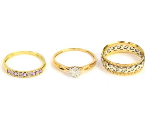 A 9ct gold diamond and amethyst ring, size O/P; 9ct two colour gold and diamond full eternity ring, size O, and a 9ct gold an