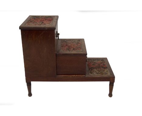 A Regency mahogany bed steps, with triple reeded platforms and top box, brass laurel ring handles, and turned feet, 70cm H, 4