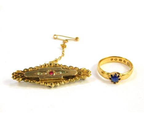 A Victorian 18ct gold and sapphire solitaire ring, size M, 3.7g, together with a Victorian 9ct gold ruby and diamond set broo