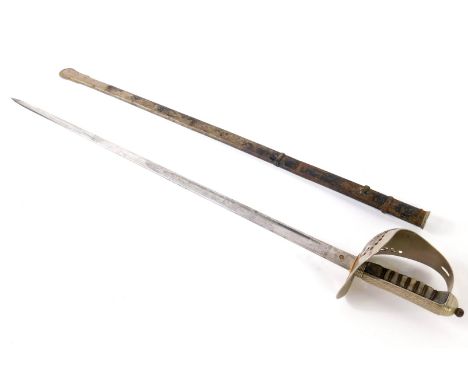 A George VI infantry sword, with plated guard, wire bound shagreen grip, with metal scabbard, blade 81.5cm L.