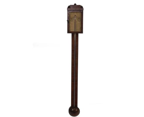 A George IV mahogany stick barometer, with carved and ebony and satin wood banded panel, with printed paper marker and maker'