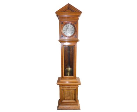 A late 19thC German walnut cased longcase clock, circular silvered dial bearing Roman numerals, Lenzkirch single train moveme