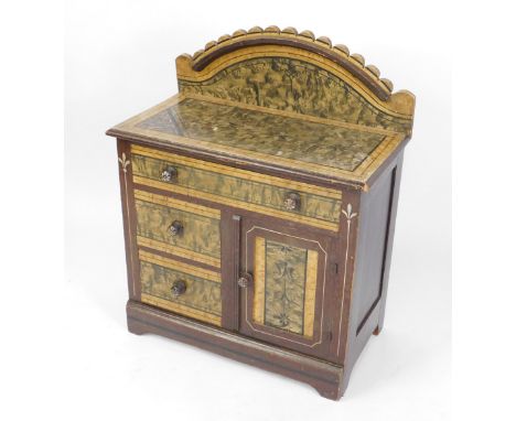 A 19thC scumbled apprentice piece dresser,&nbsp; with shaped overrun top above one long and two short drawers and cupboard on