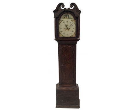 An early 19thC oak longcase clock, with swan neck and pillared hood, shaped trunk door with reeded moulding, plain base with 