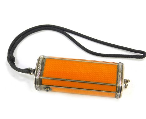 A continental early 20thC silver and orange guilloche enamel necessaire, of octagonal form with a blue cabachon button releas
