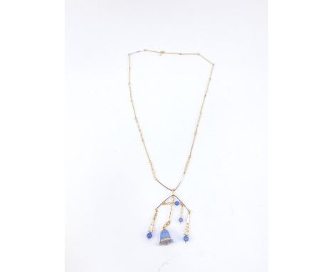 An 18ct gold and blue agate pendant on chain, formed as a bell and four pendant drops, the chain with a loop and T bar clasp,