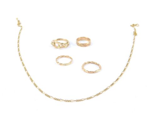 Four 9ct gold bands, size F, G, H, and L, together with a neck chain with T bar, 11.4g.