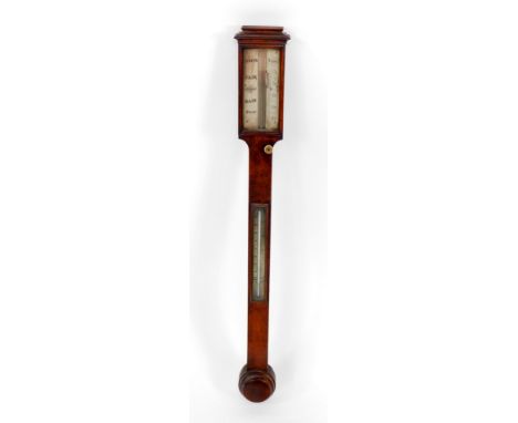 An early 19thC stick barometer by Davis of Leeds, in a plain slender oak case with burr wood front, with caddy top moulding a