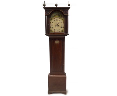 An early 19thC mahogany longcase clock, with dentil moulded and blind fret applied reeded pillared hood, with ball and spike 