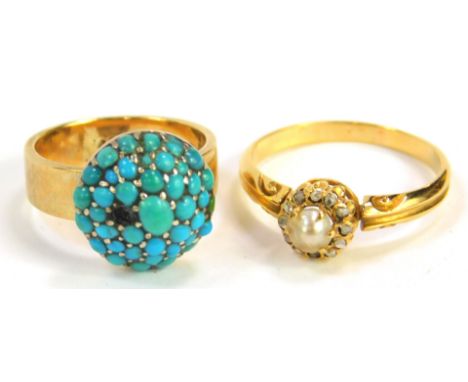 A Victorian pearl and old cut diamond ring, set in yellow metal, size P, and a 9ct gold and turquoise set ring, size J, 6.9g.