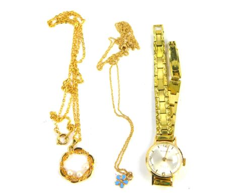 A Mappin lady's 14ct gold cased wrist watch, circular silver dial bearing Arabic Numerals at quarters, on a plated strap, 9ct