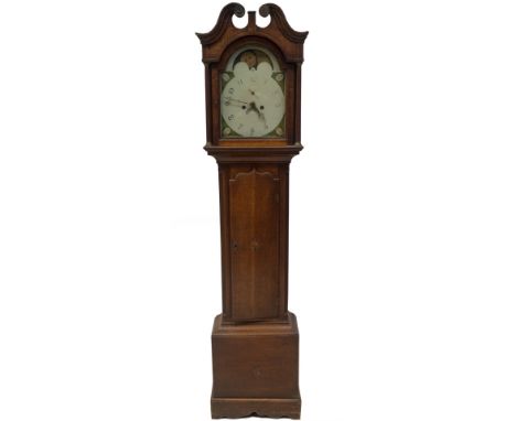 An early 19thC oak longcase clock, with swan neck and fluted pillared hood, moulded and shaped trunk door, with reeded canted