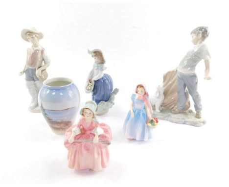 Two Lladro porcelain figures, modelled as a girl with a basket of flowers and a boy fisherman, together with a Nao figure of 