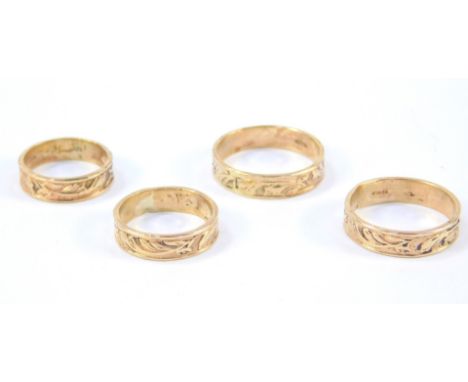 Four 9ct gold wedding bands, with engraved foliate decoration, two size E, size J/K, and size L/M, 7.2g.
