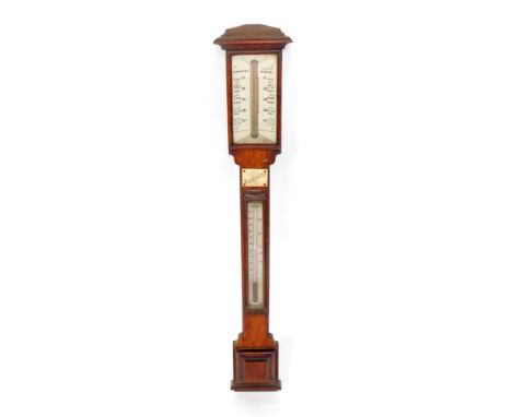 A Victorian stick barometer by Schulen &amp; Co of Ipswich, in an oak case with caddy top moulding and barometric scales on i