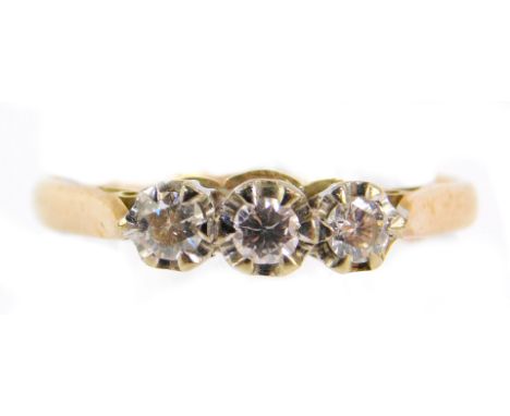 A 9ct gold and diamond three stone ring, approx 0.5cts, size N, 2.2g.