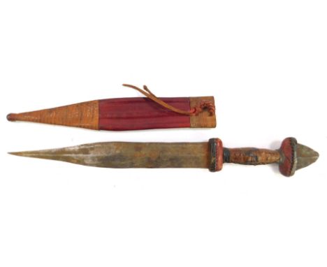 An African tribal dagger, leather and skin bound, with scabbard, 33cm L.