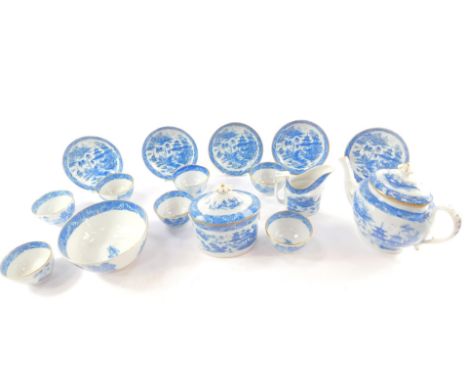 An early 19thC porcelain part tea service, possibly Spode, transfer decorated in blue and white with a chinoiserie landscape,