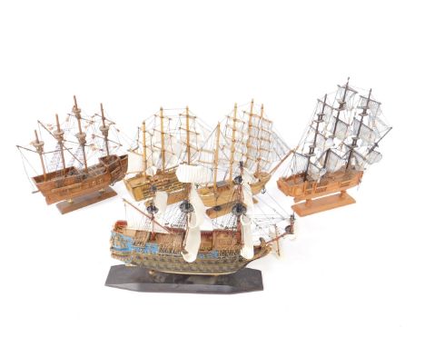Wooden scale models of warships, fully rigged, including Le Soleil Royal, HMS Victory, HMS Bounty, and Mary Rose. (5)