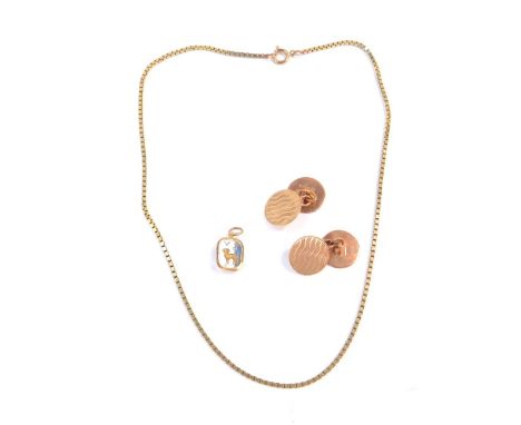 A pair of 9ct rose gold gentleman's cuff links, of circular form with engine turned decoration, a 9ct gold cable link neck ch