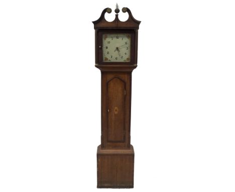 An early 19thC oak longcase clock, with moulded swan neck and reeded pillared hood, with ball and spike finial, the reeded an