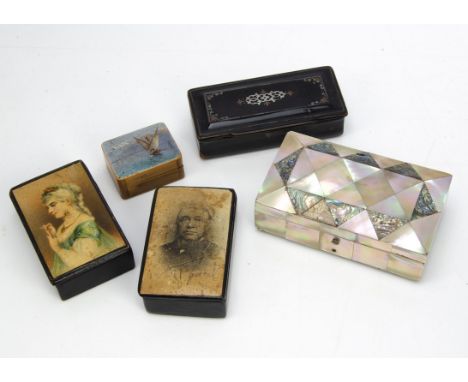 Five Victorian and later boxes, including three snuff boxes in papier mache, a small stamp box and a mother of pearl example 