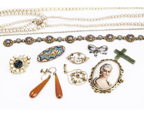 A pair of early 20th Century amber drop earrings, an Edwardian gold ruby and seed pearl pendant, Art Nouveau brooch and other