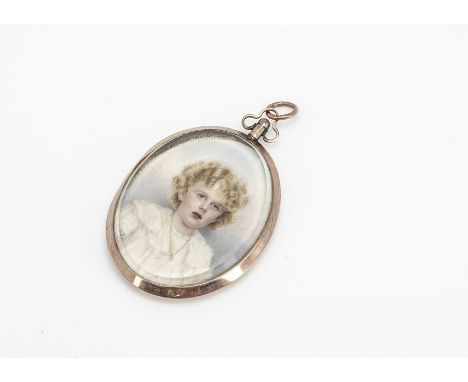 An Edwardian portrait miniature oval pendant, with open back revealing lock of hair, portrait of a young blonde child signed 
