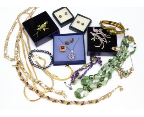 A quantity of gilt metal gem set and enamel work costume jewellery, beads etc