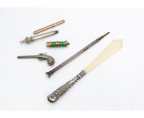 Six small collectable items, including a 9ct gold retractable tooth pick, 1.8g, a miniature fob gold plated and green enamell