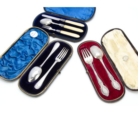 Three Victorian Christening sets in cases, with two spoon and fork sets, and one three piece set (10)