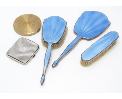 A set of three silver and enamel Art Deco dressing table items, af, chipped and damaged, together with a similar period silve