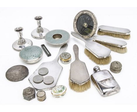 A collection of silver and silver plate and other items, including a dressing table set, a compact, a circular photograph fra