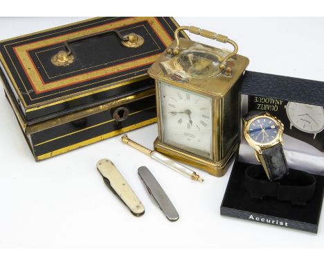 A vintage brass carriage timepiece, AF, together with a modern Accurist gents wristwatch in box, a retractable pencil, and tw
