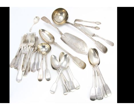 An early Victorian silver canteen of cutlery for six predominantly by RW, the fiddle pattern service with engraved family pos