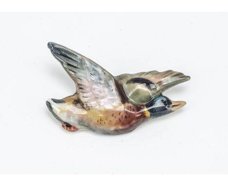 A Royal Worcester porcelain duck brooch, painted in colours with printed factory mark to reverse, 5.6cm