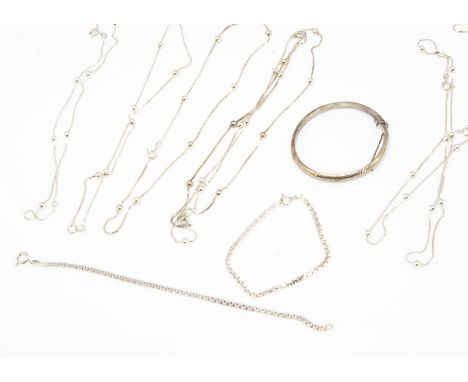 A large collection of contemporary silver necklaces, with bead design, a silver bangle, silver gilt cross pendant, 368g