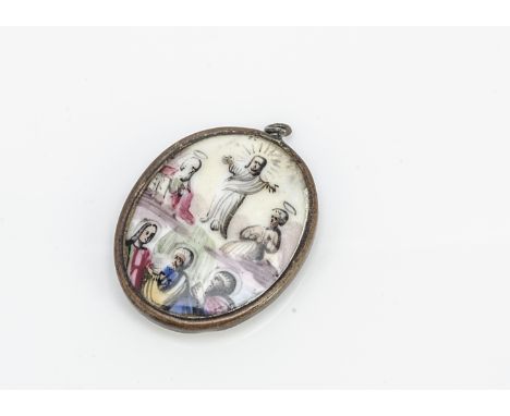 A continental 19th Century enamel and base metal oval religious pendant, with a painted scene of the transfiguration, 3.7cm x
