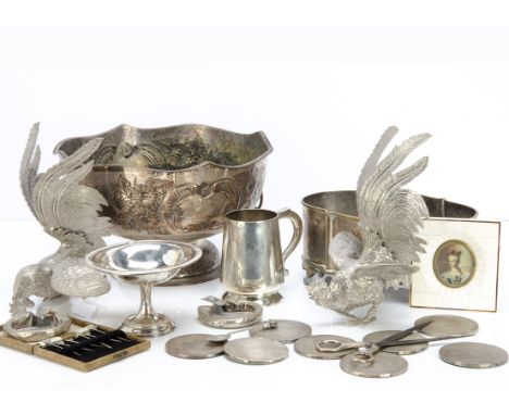 A collection of silver and silver plate and other items, including a set of six silver picks with cockerel terminals, two Chi