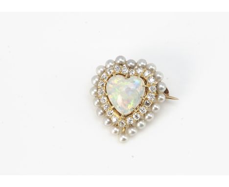 An opal, diamond and seed pearl heart shaped brooch, the heart cut precious opal surrounded by brilliant cut diamonds and a b