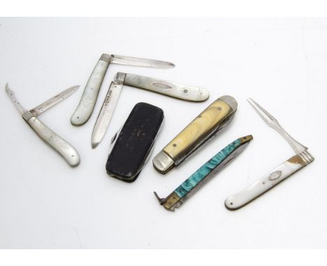 A group of six collectable pocket knives, one Victorian silver and mother of pearl example by George Unite, two further silve