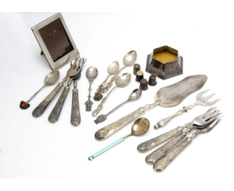 A collection of silver and silver plate and other items, including a cased set of silver handled butter knives, a small Art D