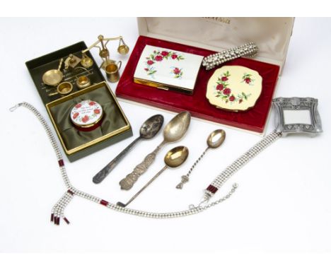 A collection of costume jewellery, souvenir spoons, English enamel Crummles love box and other items